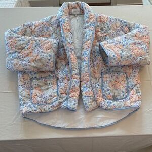 Mable Quilted Floral Print Jacket Kimono Style Blue Trim Pockets Size M